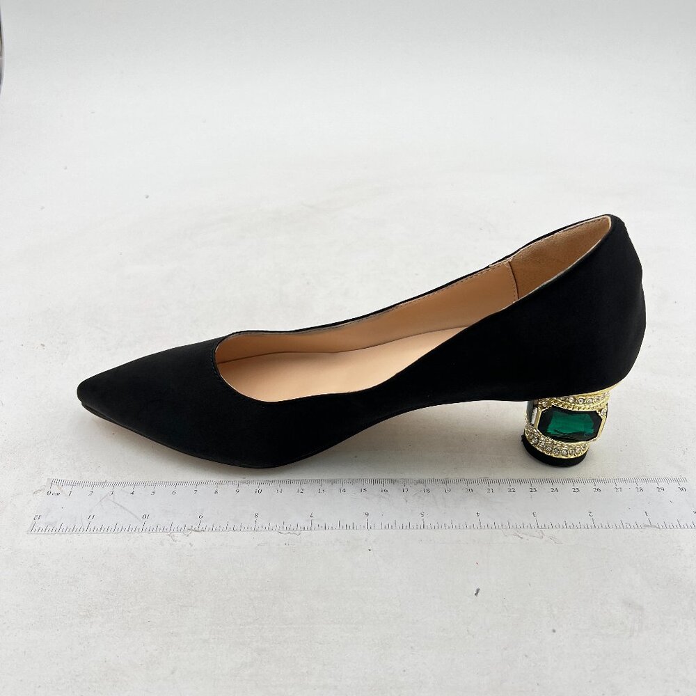 FSJ Black Bridal Pointed Toe Block Low Heel Crystal Pumps Slip on Wedding Shoes